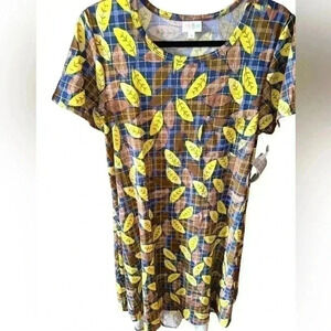 Lularoe medium brown& navy plaid Carly swing‎ dress:NWT . Leaf pattern over top